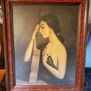Mid Century Modern Portrait Flamenco Dancer w/ Guitar on Canvas
